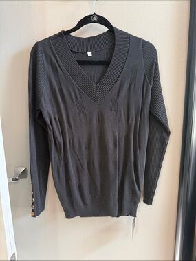 Women's Black V-Neck Sweater with Button-Cuff Detail